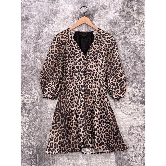 All Saints Dress 0 Womens Linen Silk Leopard Button Front Long Sleeve Mini - Picture 1 of 15